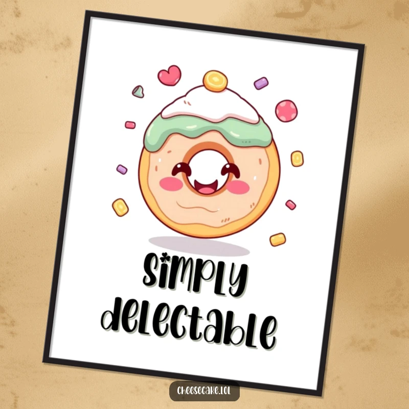 Funny donut juggling candy poster showcasing a happy donut in mid-air with flying candies, vibrant and cheerful.