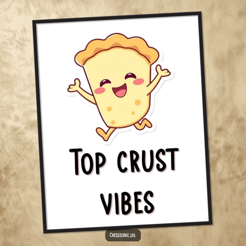 Funny smiling pie character joyfully leaping on a poster, ideal for cheerful wall art.