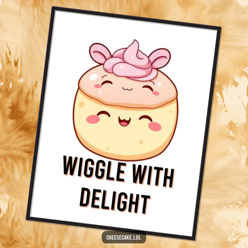 Funny cake poster showing a round cake with frosting characters happily wiggling its ears, creating a joyful and humorous visual.