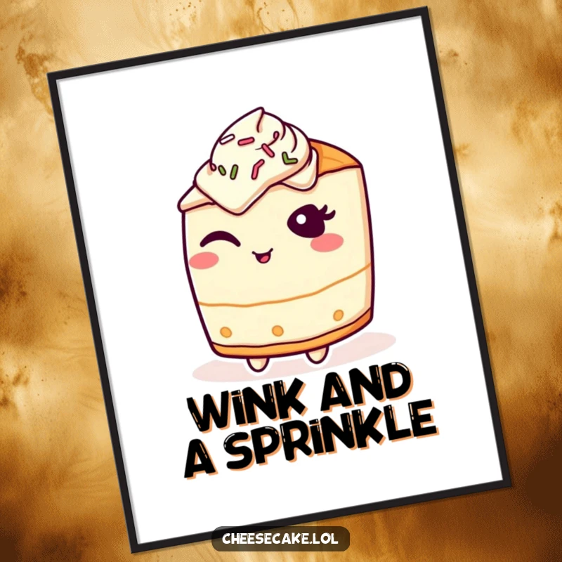Funny Poster: A cheesecake character winks slyly, adorned with vibrant sprinkles, adding playful charm to decor.