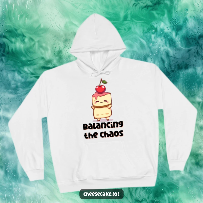 Funny hoodie illustrating a cheesecake character with a strained, focused expression, precariously balancing a single cherry.