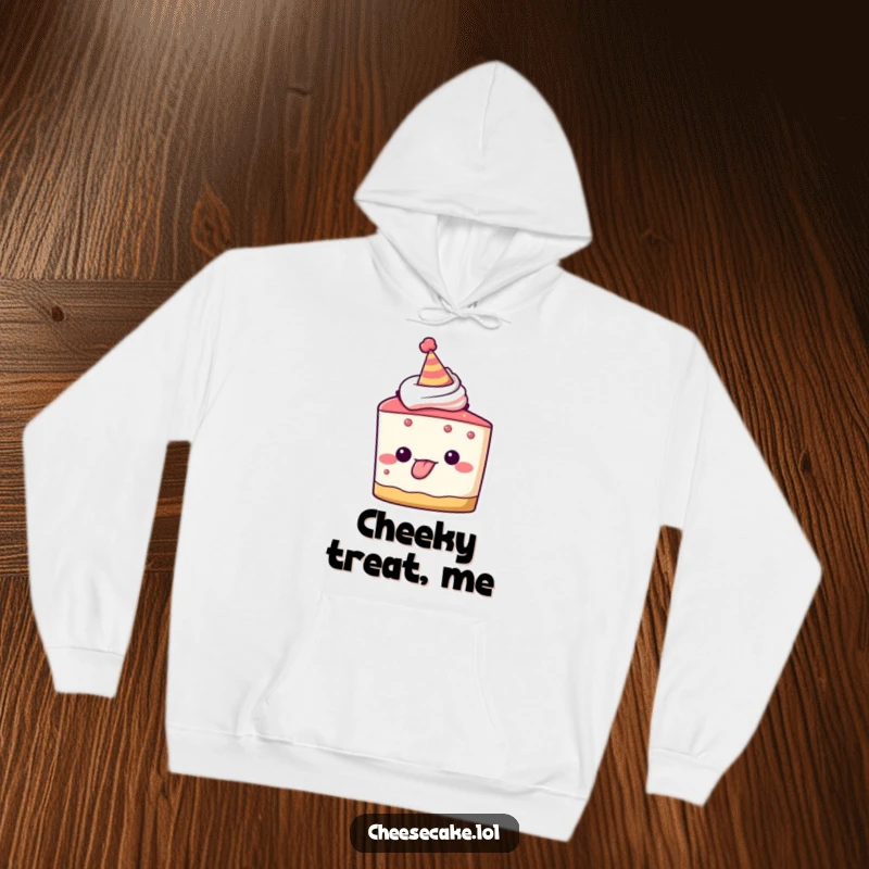 Funny hoodie featuring a cheesecake character in a party hat, sticking its tongue out playfully, perfect for cozy, fun times.