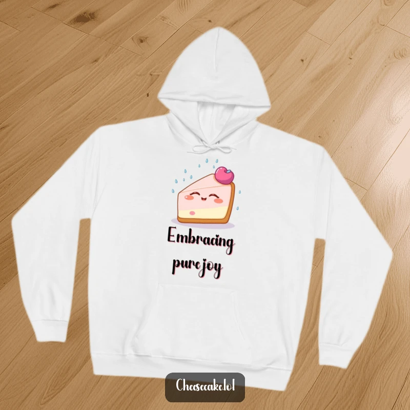 Funny Cheesecake Bliss Hoodie featuring a happy cheesecake slice with eyes closed, enjoying a colorful sprinkle shower, perfect for cozy relaxation.