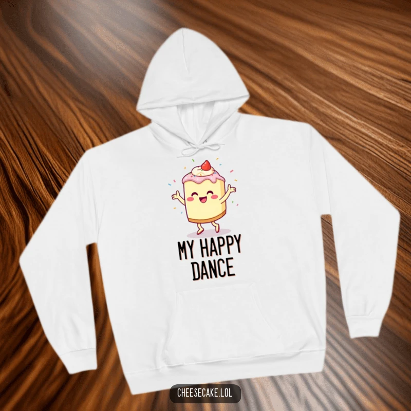 Funny Cheesecake Jig Hoodie featuring a happy cheesecake character doing a cheerful jig with sprinkles flying, ideal for cozying up with energetic vibes.