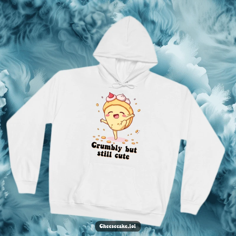 Funny cheesecake hoodie displaying a dessert character mid-cartwheel, leaving a trail of crumbs, embodying a comical food-related mishap.