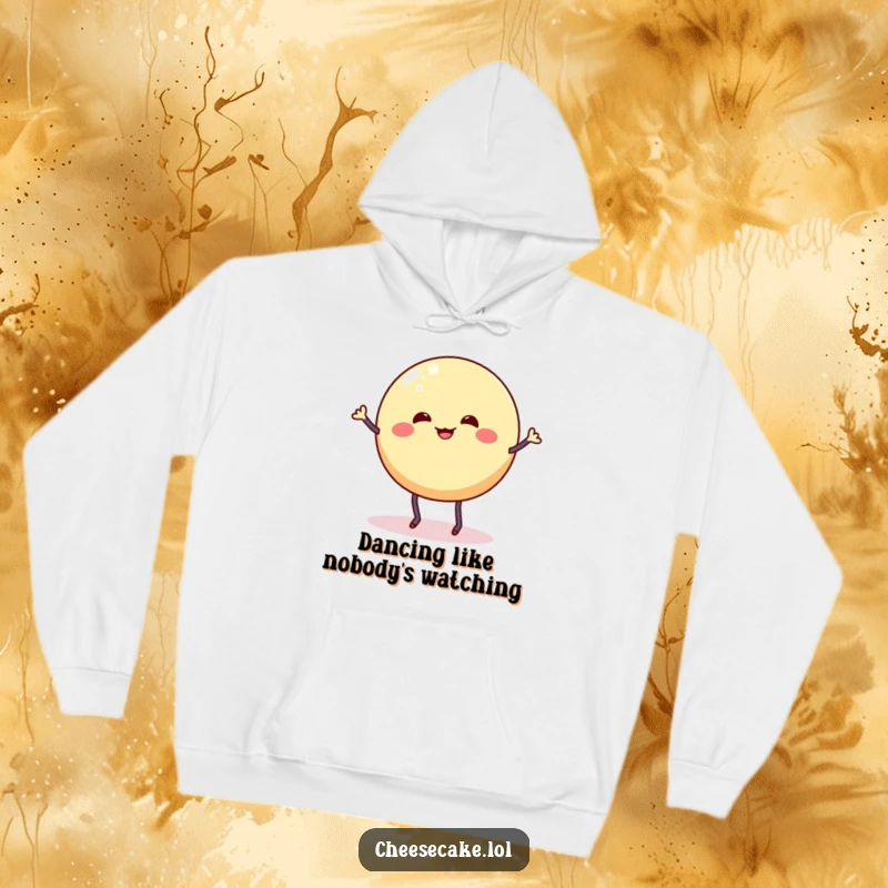 Funny hoodie featuring a wobbly cheesecake round with stick legs doing a silly dance jig, embodying dessert celebration.