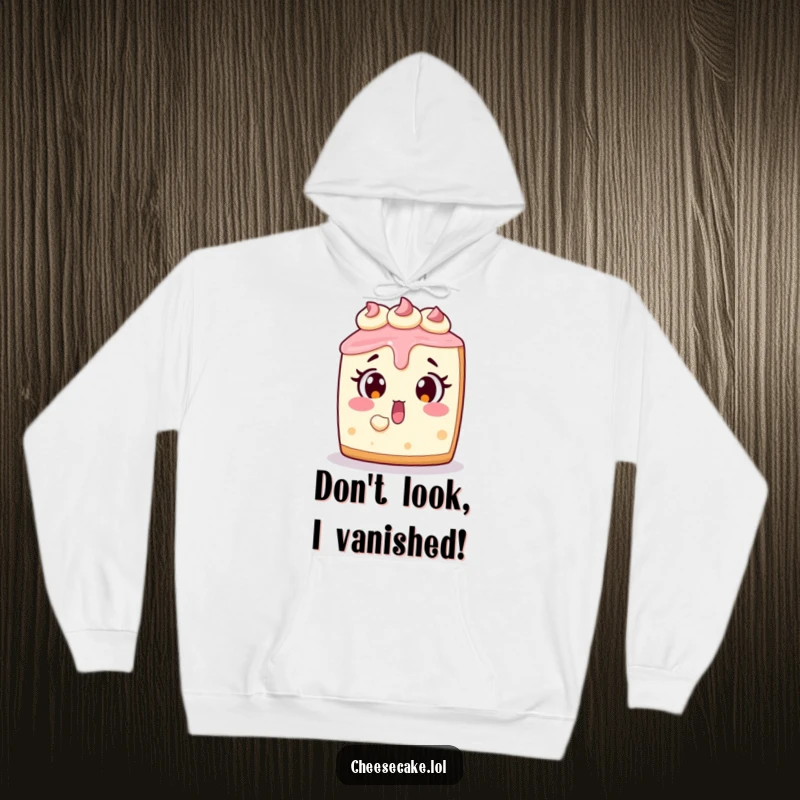 Funny cheesecake hoodie depicting a surprised dessert character with a bite taken out, great for comfort and humor.