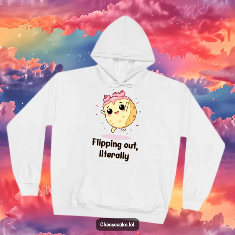 Funny hoodie illustrating a cheesecake executing a cartwheel, with a burst of sprinkles flying around, conveying energy and humor.