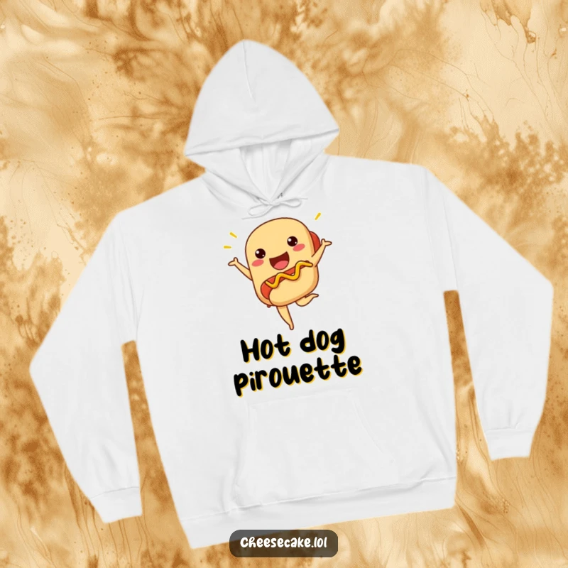 Funny hot dog hoodie showing a proud hot dog in a ballet pose, complete with zigzag mustard.