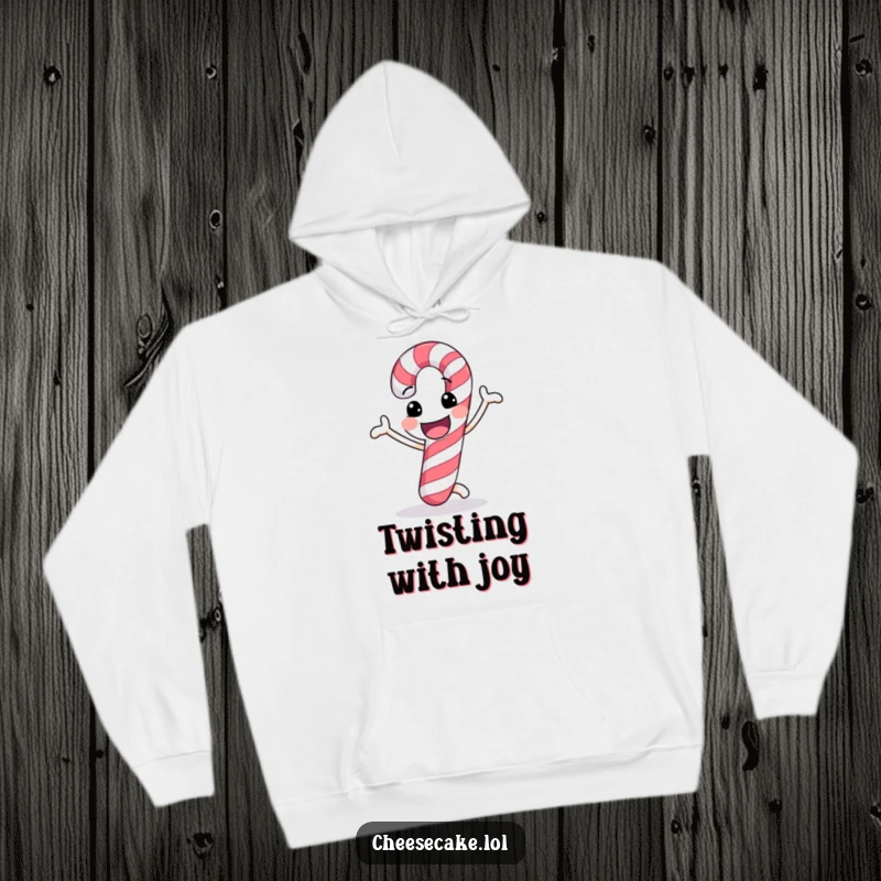 Funny hoodie with a cheerful candy cane doing a funny dance, designed for cozy holiday enjoyment.