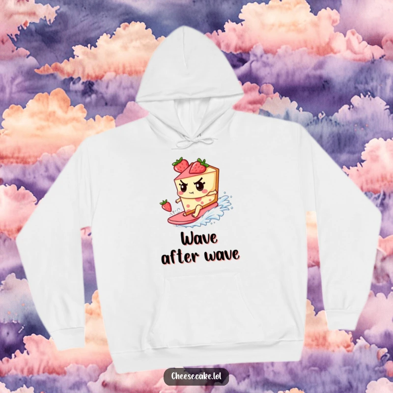 Funny Hoodie featuring a determined cheesecake character surfing a strawberry wave, bringing epic vibes and warmth.
