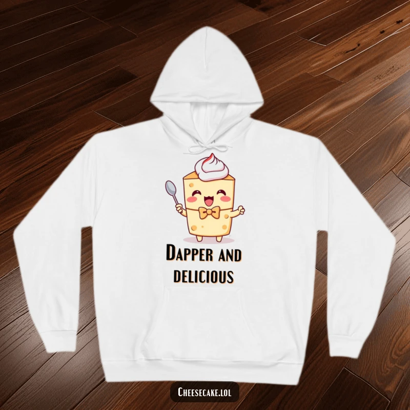 Funny hoodie with a cheesecake character in a bow tie, excitedly holding a tiny spoon, ready for dessert.