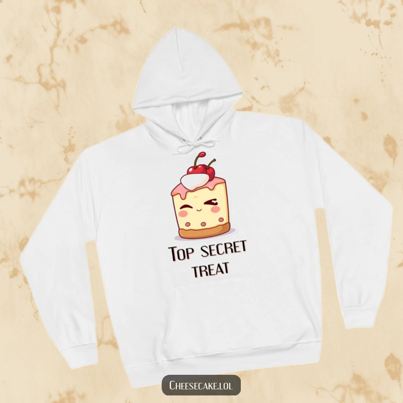 Funny hoodie with a cheesecake character wearing a cherry on top, winking slyly with a charming expression.