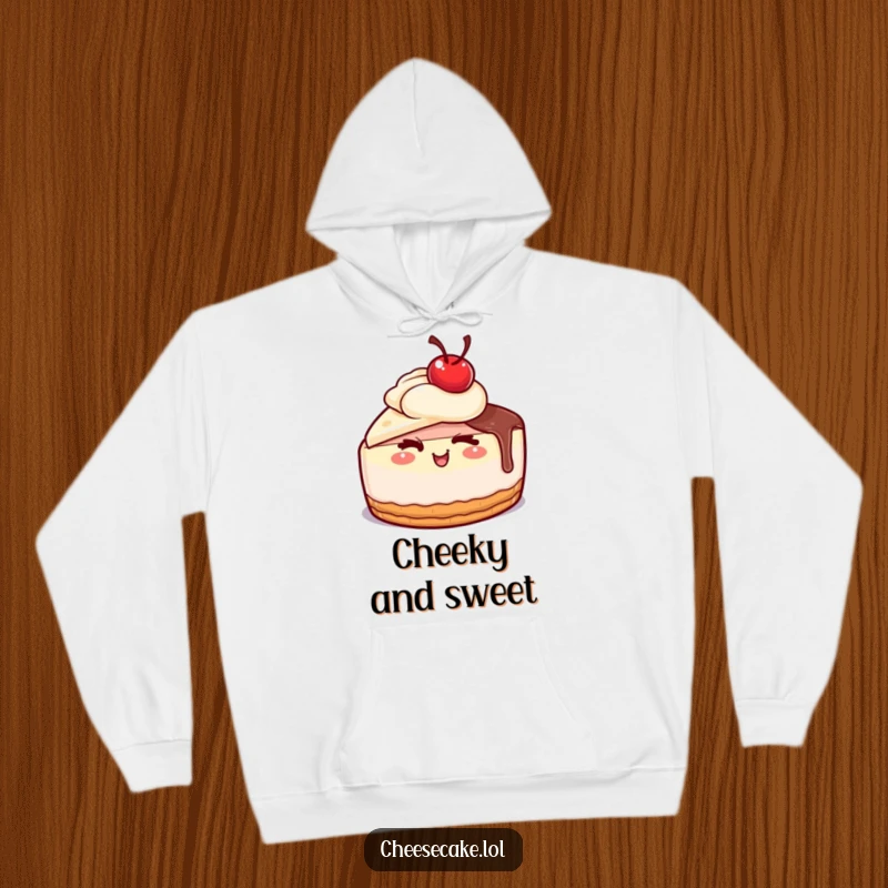 Funny cheesecake with a cherry on top giving a wink on a warm hoodie, a wonderful funny gift.