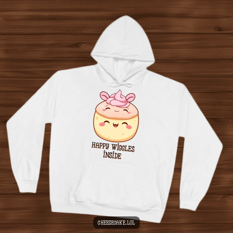 Funny cake hoodie featuring a round cake with frosting characters joyfully wiggling its ears, offering cozy and humorous comfort.