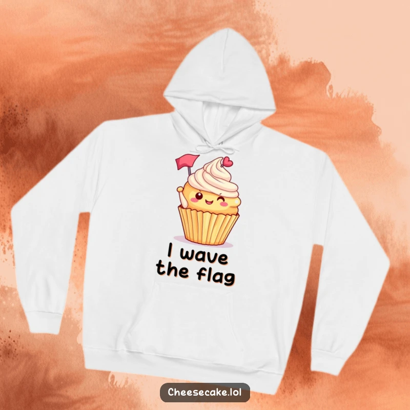 Funny delighted cupcake with frosting tipped, waving a tiny flag, a cozy and humorous design on a warm hoodie for comfort.
