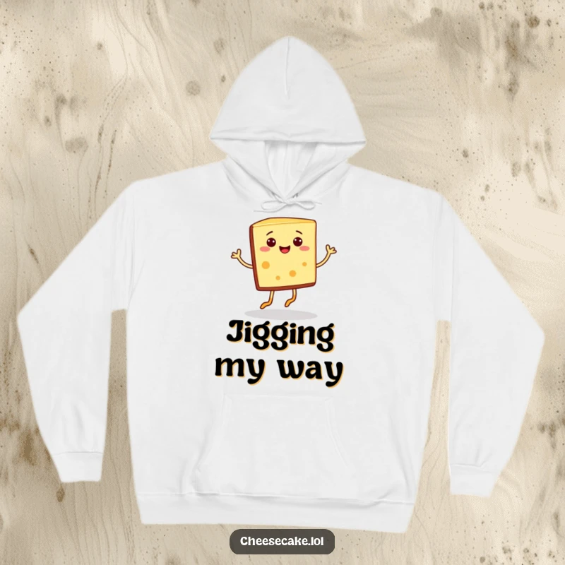 Funny cheesecake slice with tiny legs dancing a jig on a warm hoodie, a perfect funny gift for dessert fans.