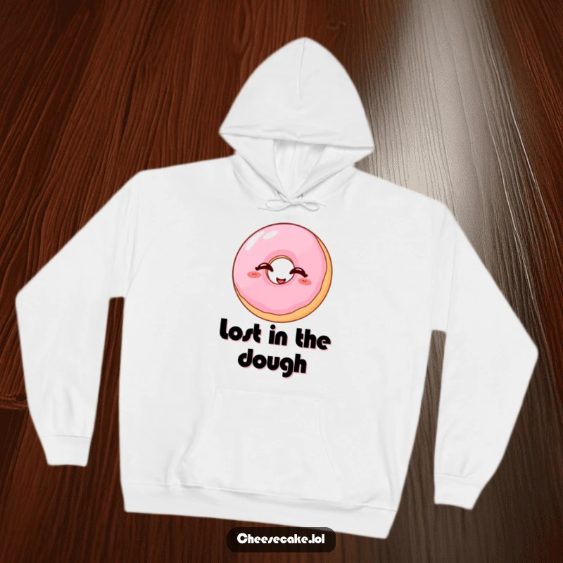 Funny donut hoodie showing a wobbly jelly donut with eyes shut, bursting with uncontrollable laughter.