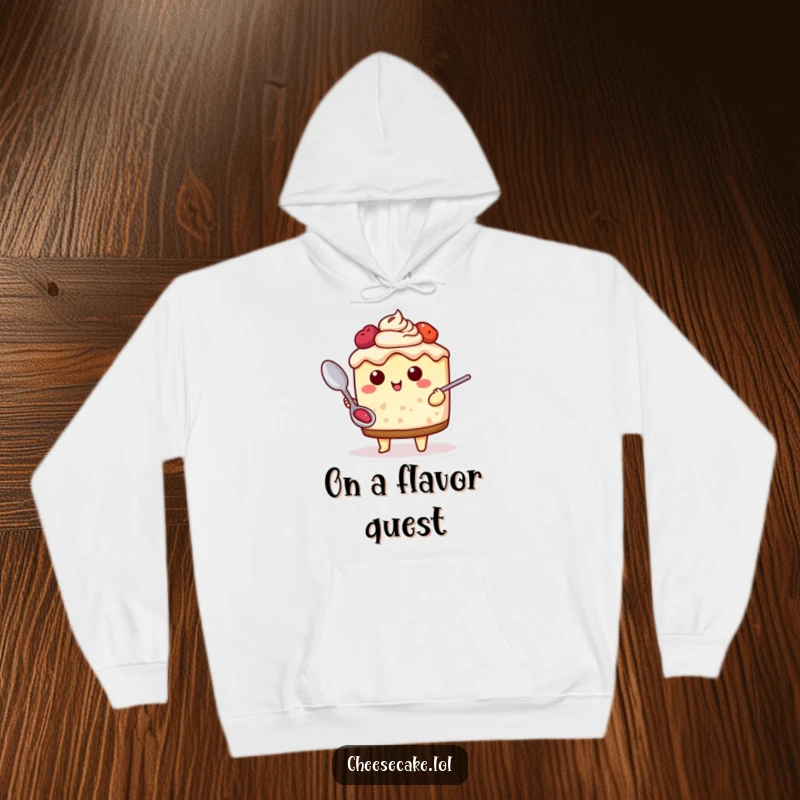 Funny Cheesecake Adventure Hoodie featuring a cheesecake character with a spoon, ready for a delicious quest, perfect for warm and adventurous outings.