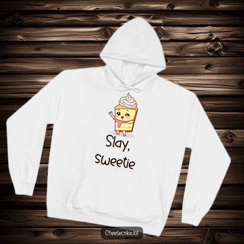 Funny cheesecake with a whipped cream swirl striking a diva pose on a warm hoodie, a wonderful funny gift.