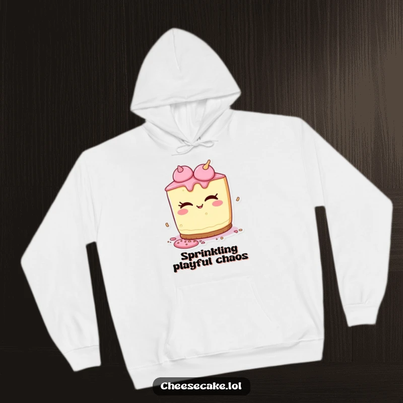 Funny hoodie illustrating a cheesecake character with a playful wink, spilling a handful of colorful sprinkles with a mischievous charm.