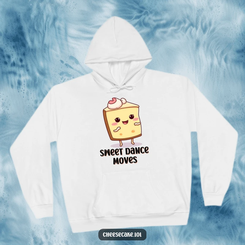 Funny Cheesecake Shimmy Hoodie: A cozy sweatshirt showcasing a cheesecake slice with legs joyfully shimmying, celebrating treats.