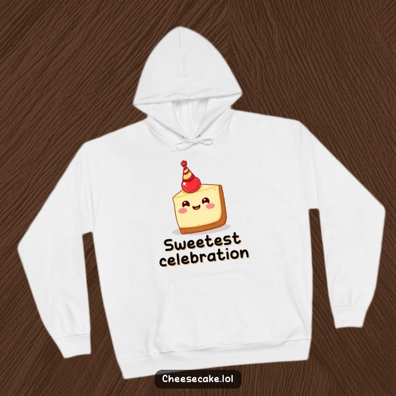 Funny cheesecake slice hoodie design, featuring a happy dessert with a cherry party hat, offering warmth and celebratory vibes.
