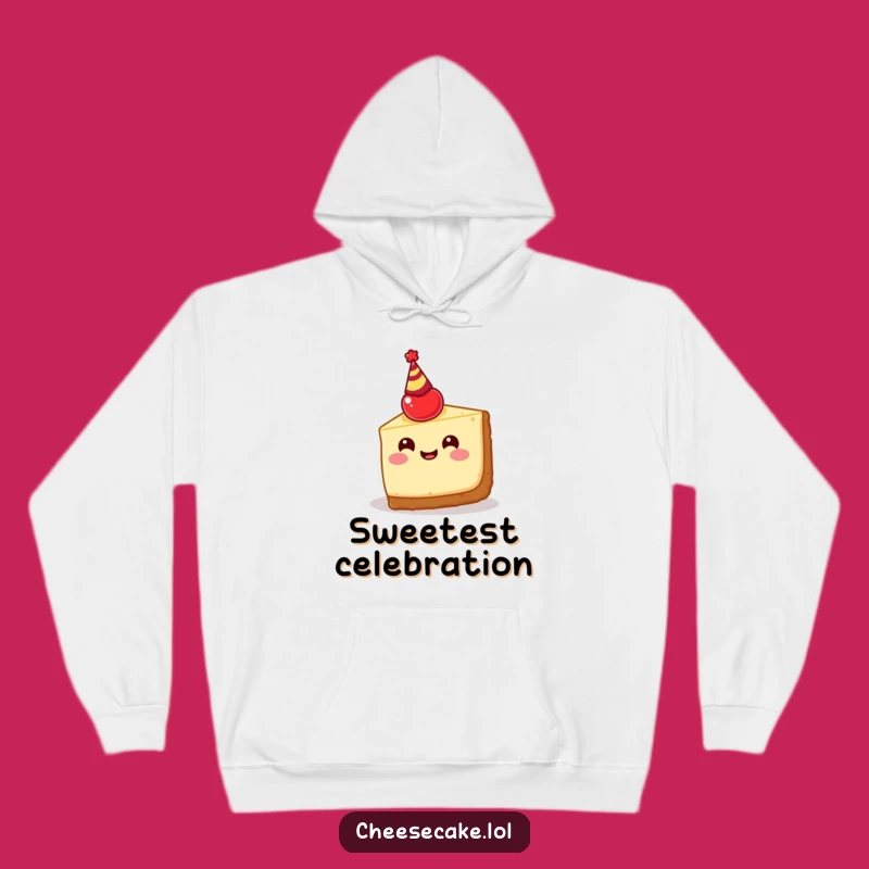Funny Cheesecake Party Hoodie: Cozy Happy Slice with Cherry Hat, Warm Celebration!