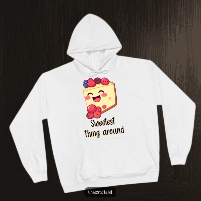 Funny cheesecake hoodie showing a giggling slice of cheesecake packed with juicy berries, radiating happiness. Great gift idea.