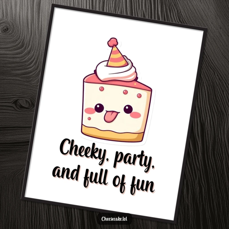 Funny Free Printable Wall Art: A cheesecake character wearing a party hat playfully sticks out its tongue, full of mischief.