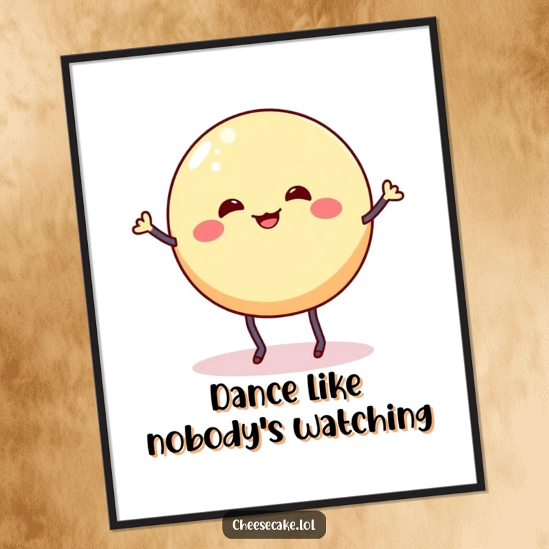 Funny Free Printable Wall Art: A wobbly cheesecake round with stick legs joyfully performs a silly, energetic dance jig.