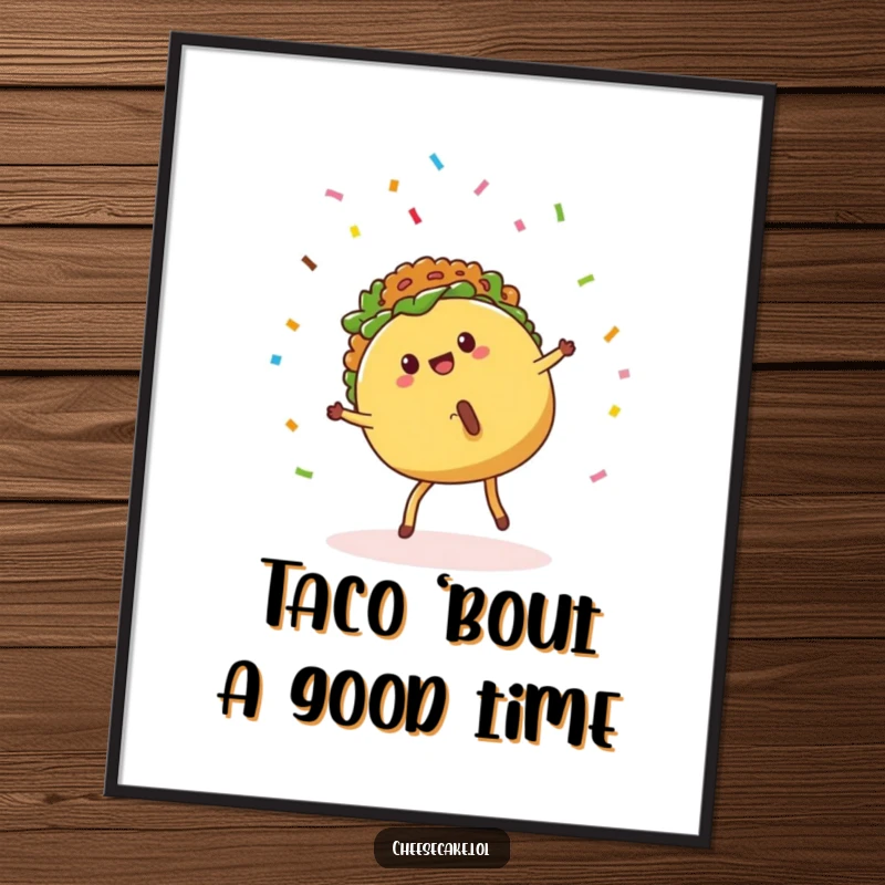Funny Free Printable Wall Art: A cute taco with legs executes a lively cartwheel as confetti showers around it, full of energy.