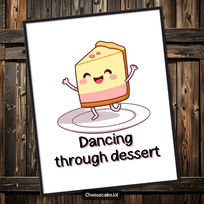 Funny Free Printable Wall Art: Grinning cheesecake slice with legs happily dances on a plate.
