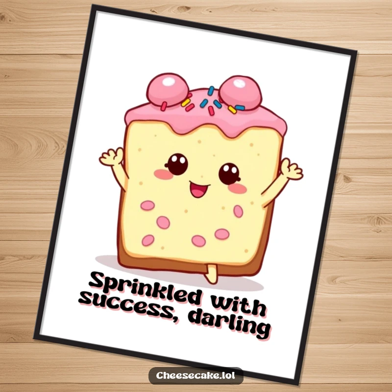 Funny free printable wall art of a charming cheesecake slice covered in sprinkles, striking an elegant and dramatic pose.