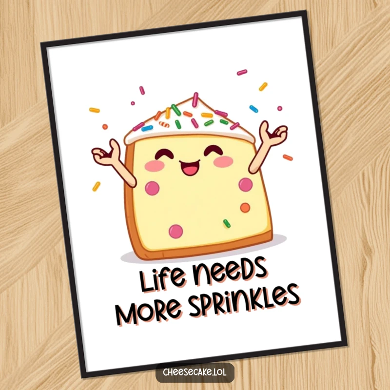 Funny Free Printable Wall Art: A cheerful cheesecake wedge with tiny arms skillfully juggles a handful of bright, colorful sprinkles.