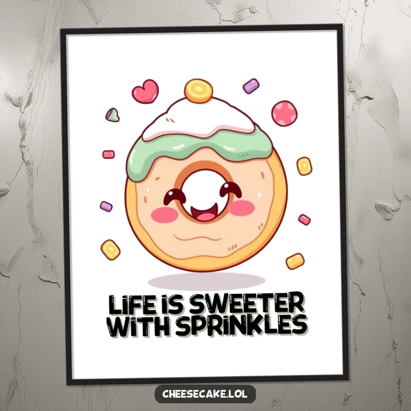 Funny Free Printable Wall Art: A smiling donut masterfully juggling candy, adding a dash of playful sweetness to any wall art.