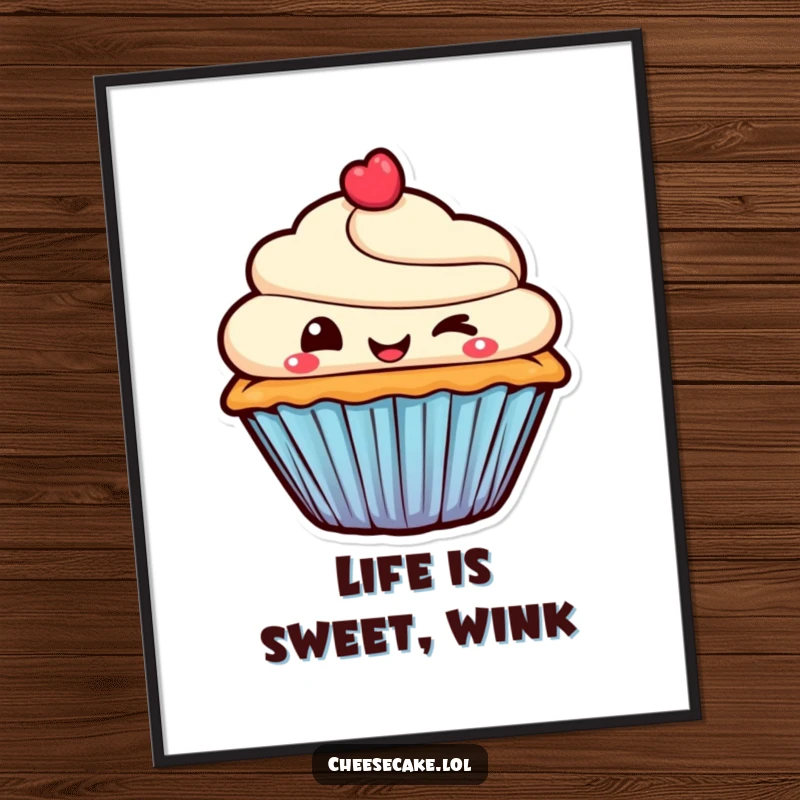 Funny Free Printable Wall Art: Smiling cupcake character winking mischievously, adding a touch of playful charm.