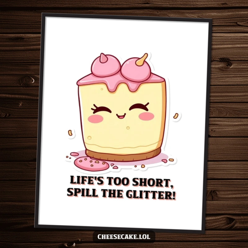 Funny Free Printable Wall Art of a cheesecake character winking playfully as it spills a few colorful sprinkles. Whimsical, fun decor.
