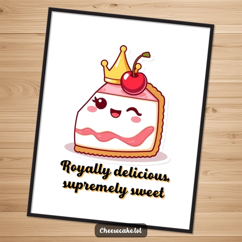 Funny free printable wall art of a cute cheesecake slice adorned with a crown, giving a charming wink with its cherry.