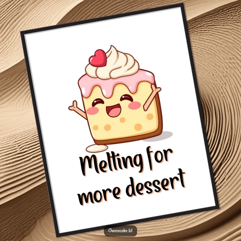 Funny Free Printable Wall Art: Delighted cheesecake slice with melting frosting strikes a silly pose.