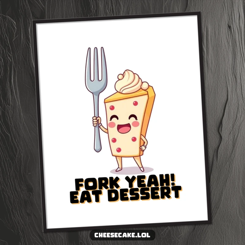 Funny Free Printable Wall Art: A cheesecake striking a heroic pose, holding up a comically large fork.