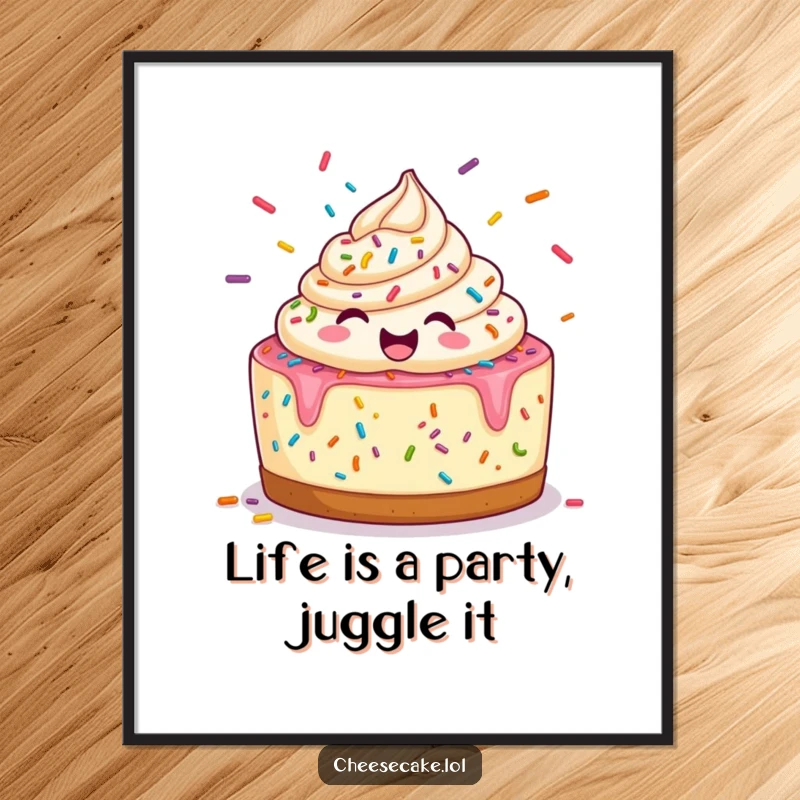 Funny Free Printable Wall Art: A cheerful cheesecake joyfully juggling a vibrant mix of colorful sprinkles.