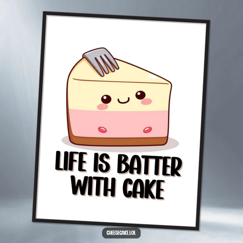 Funny Free Printable Wall Art: A delighted cheesecake slice with a fork stuck in its side, looking surprisingly pleased.