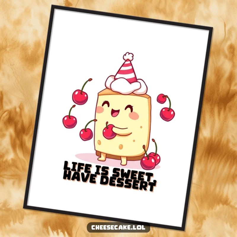 Funny Free Printable Wall Art of a full cheesecake character in a party hat, juggling small cherries.