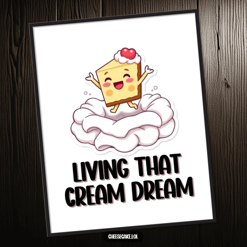 Funny Free Printable Wall Art: Cheesecake character gleefully leaping into a pool of whipped cream, creating a vibrant and humorous decorative piece.