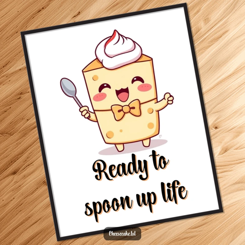 Funny Free Printable Wall Art: Cheesecake character wearing a bow tie, excitedly holding a tiny spoon, adding a touch of whimsical elegance to decor.