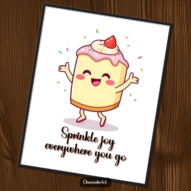 Funny Free Printable Wall Art: A cheesecake character dances energetically, scattering sprinkles for a whimsical, joyful display.