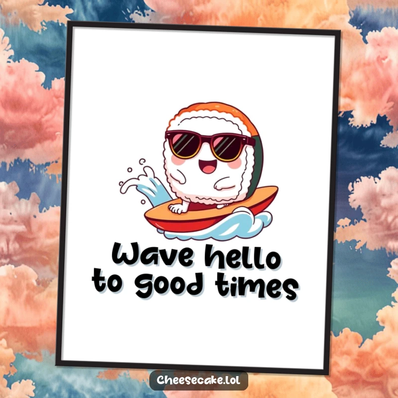 Funny Free Printable Wall Art: A cool sushi piece wearing sunglasses rides a dynamic wave with glee.