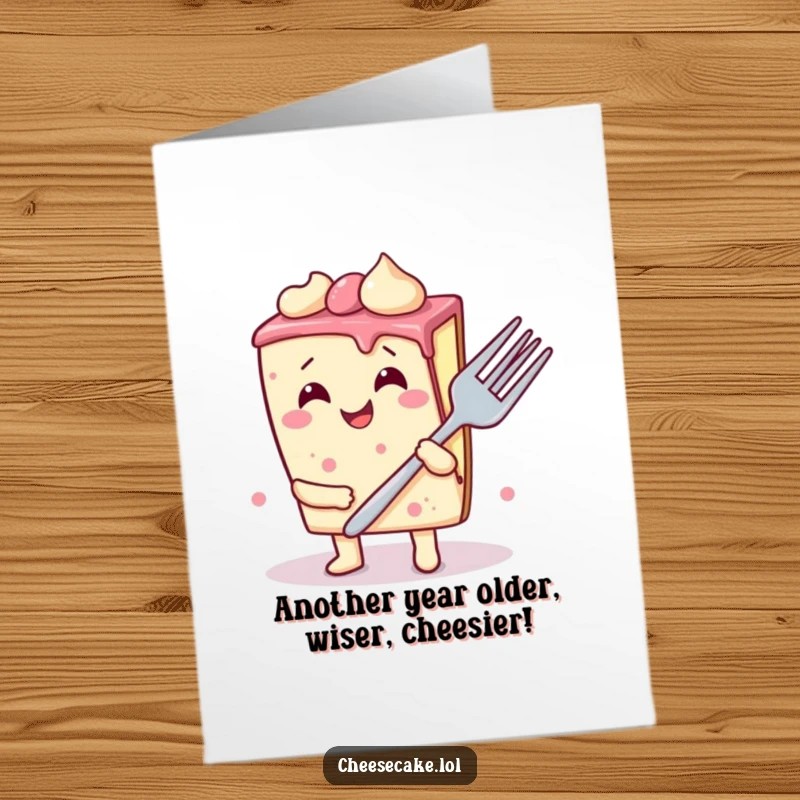 Funny free printable birthday card of a wobbly cheesecake slice gleefully holding a comically large fork, ready for cake.