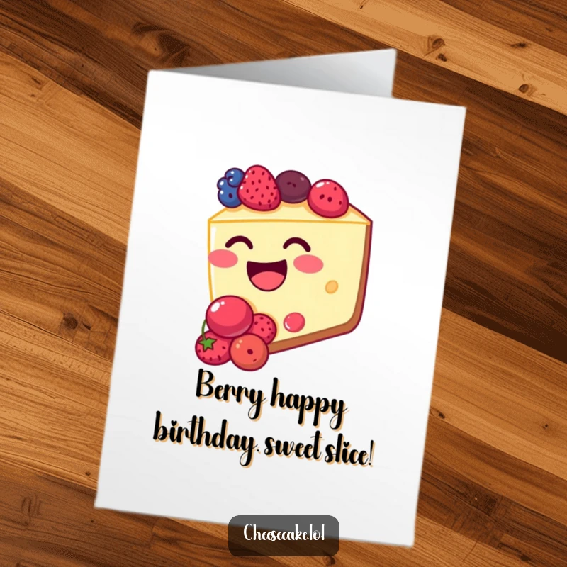 Funny Free Printable Birthday Card: A delighted cheesecake slice with a berry-filled mouth laughing joyfully, ready for a birthday celebration.